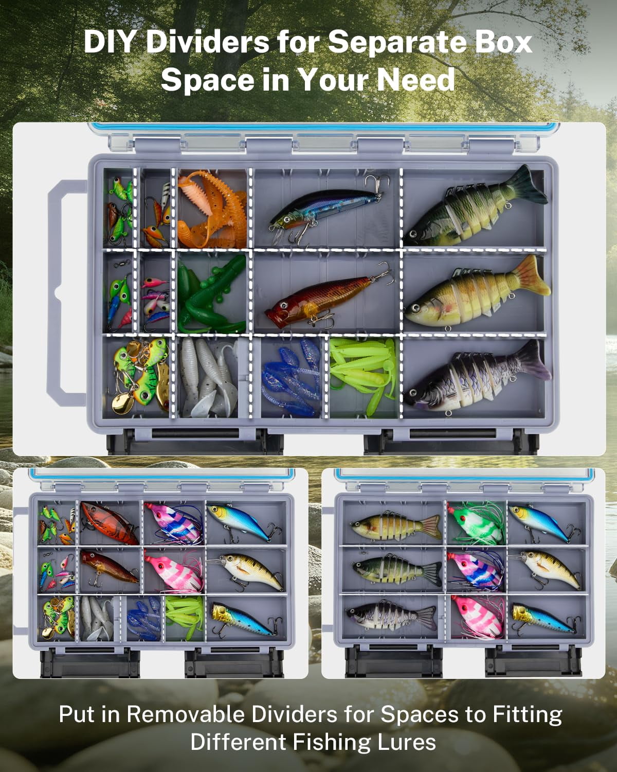 Tackle Boxes For Fishing 2-pack Waterproof With Adjustable Compartments  Clear Portable Trays Plastic Organizers Diy Dividers Lures Hooks & Bass Gear 3600 Gray