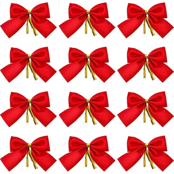 Casewin 12 Pieces Christmas Ribbon Bows Ornaments Mini Xmas Tree Bowknot Decoration 6cm for Christmas Wreaths Tree New Year Hanging Decor Craft - Red