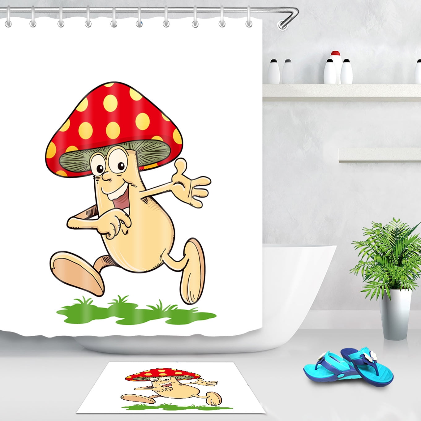 SHENDING Cute Mushroom Shower Curtain Set with 12 Hooks, Watercolor Bath Curtain for Bathroom Decorative,72×72 inch