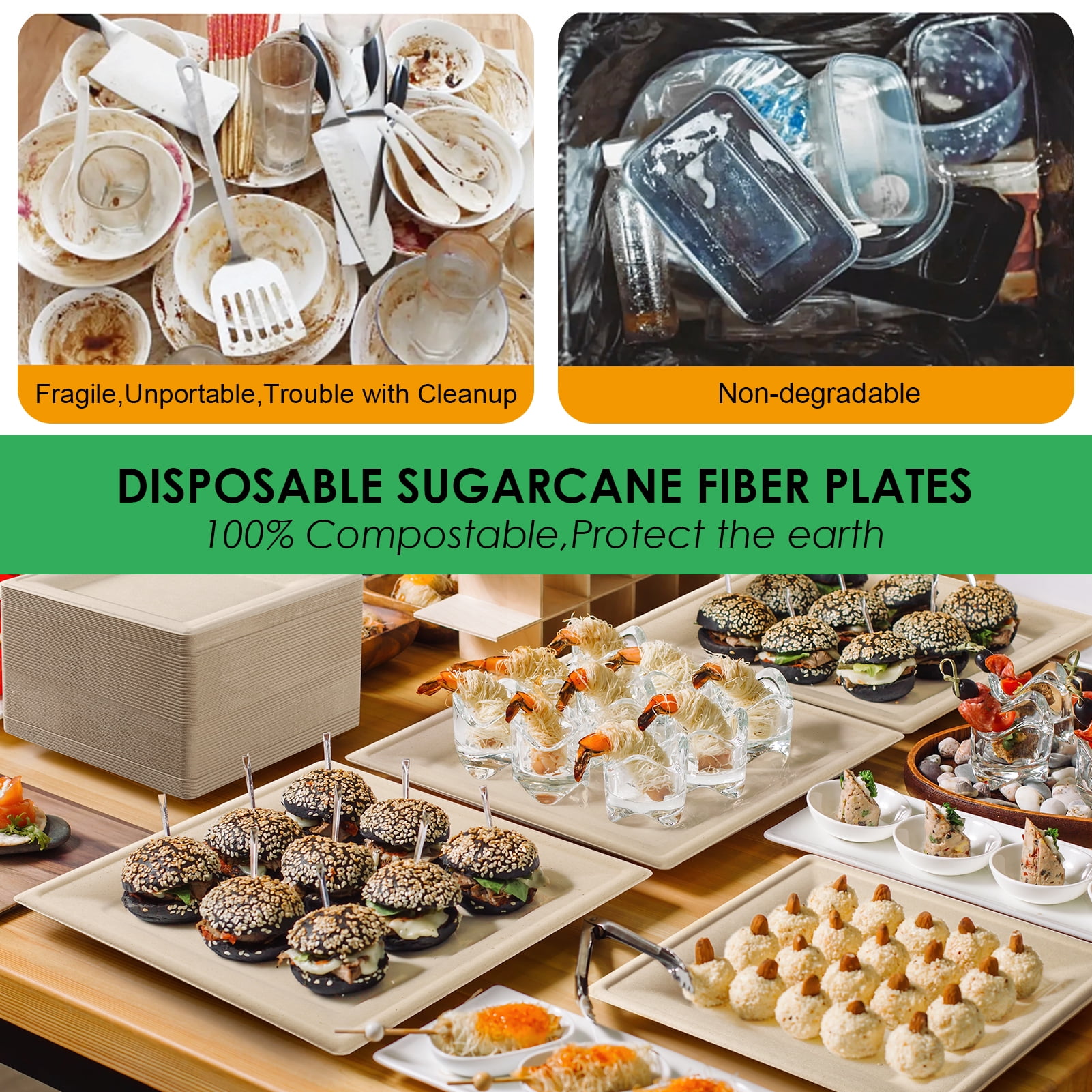 Gezond Compostable Square Plates 6 Inches, 100pcs Disposable Paper Plates, Eco-Friendly Heavy Duty Biodegradable Sugarcane Plates for Party Wedding Picnic
