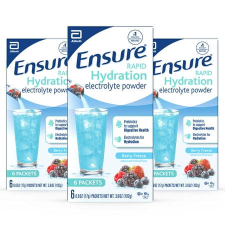 Ensure Rapid Hydration Electrolyte Powder, Prebiotics to Support Digestive Health, Berry Freeze, Electrolyte Drink Powder Packets, 0.6 oz, 3 Packs of 6 (Total 18-Count)