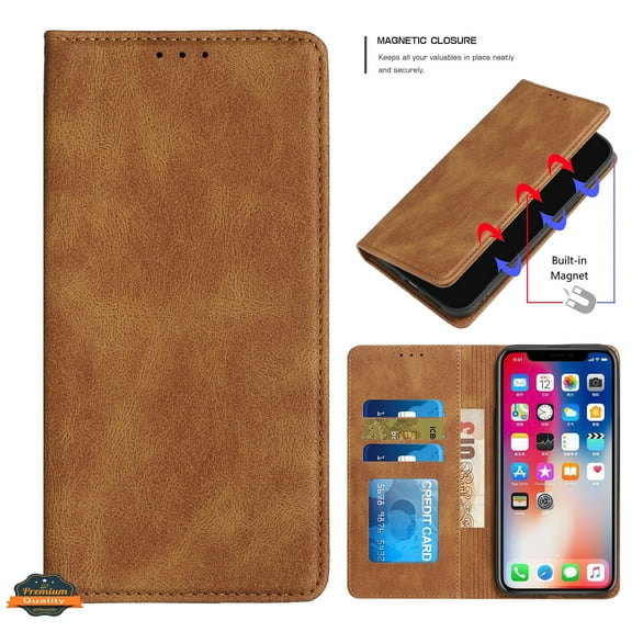 For Apple iPhone 13 (6.1") Wallet Premium PU Vegan Leather ID Credit Card Money Holder with Magnetic Closure Pouch Flip Cover ,Xpm Phone Case [ Brown ]