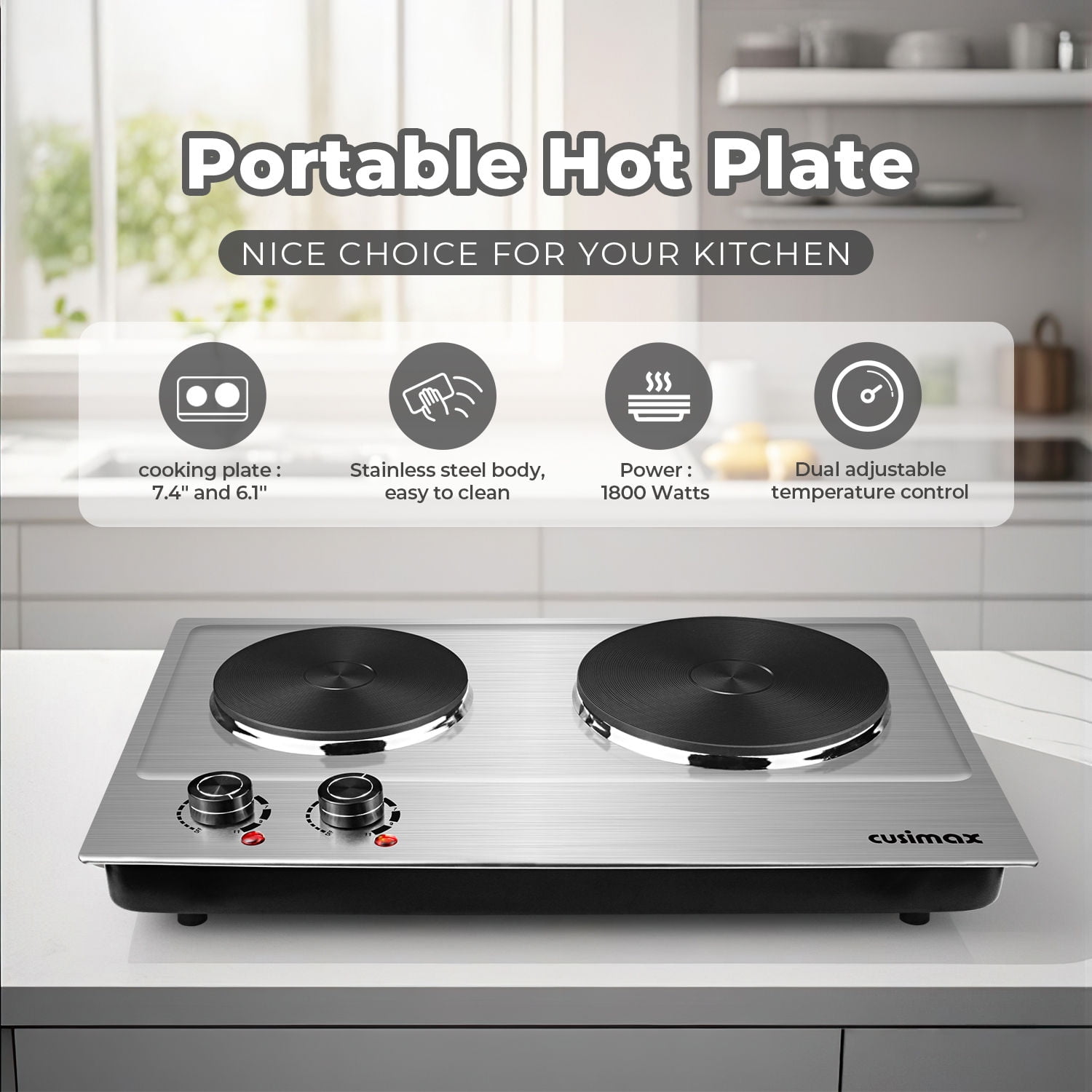 CUSIMAX 1800W Portable Double Burner Hot Plate – Stainless Steel Countertop Electric Cooktop with Dual Cast Iron Heating Plates, Easy-to-Clean Silver Design, Upgraded Version