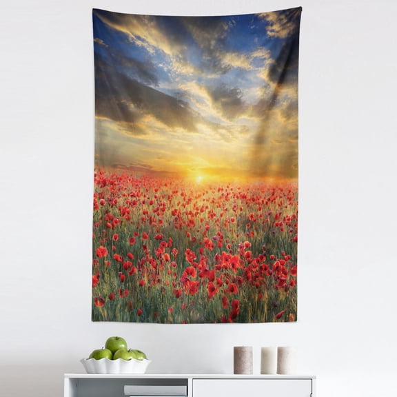Poppy Flower Tapestry, Poppy Field Sunset Sky Evening View Golden Yellow Sun Rays Dark Clouds Graphic Art, Fabric Wall Hanging Decor for Bedroom Living Room Dorm, 5 Sizes, Multicolor, by Ambesonne