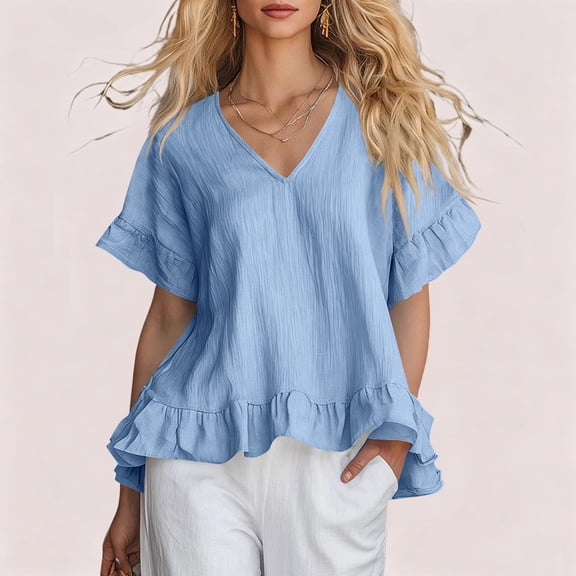 ClodeEU Women's V Neck Short Sleeve Blouse with Ruffle Hem, Casual Loose Fit Flowy Top Black,Women's Plus L