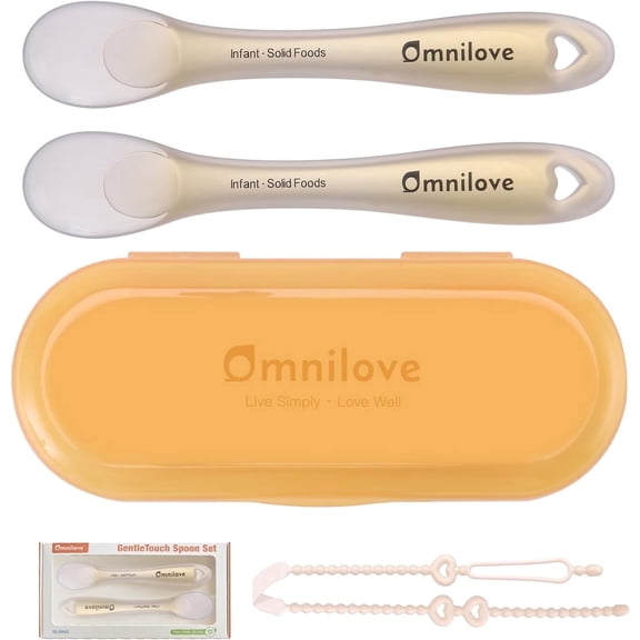 Omnilove Silicone Baby Spoons 2-Pack with Case, Self Feeding 6 Months, Baby Led Weaning Supplies, Toddler Utensils with Safety Chain