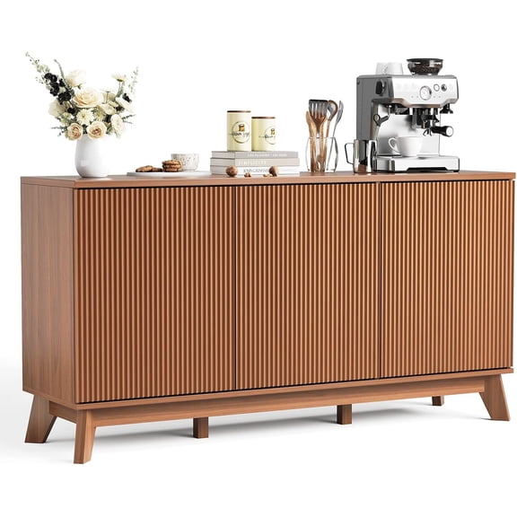 58In Farmhouse Sideboard Buffet Cabinet with 3 Fluted Doors Adjustable Shelves and Storage Walnut