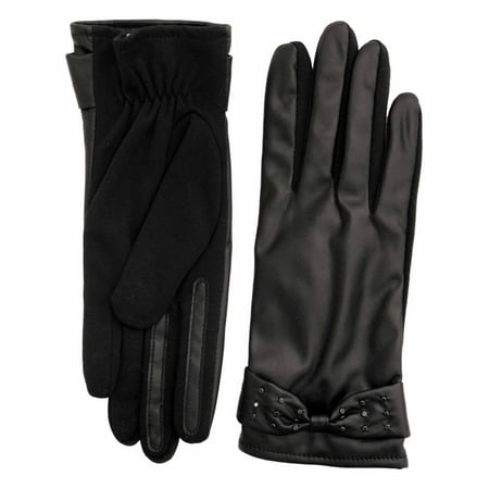 fownes womens black stretch fit leather look driving gloves with studs & bows