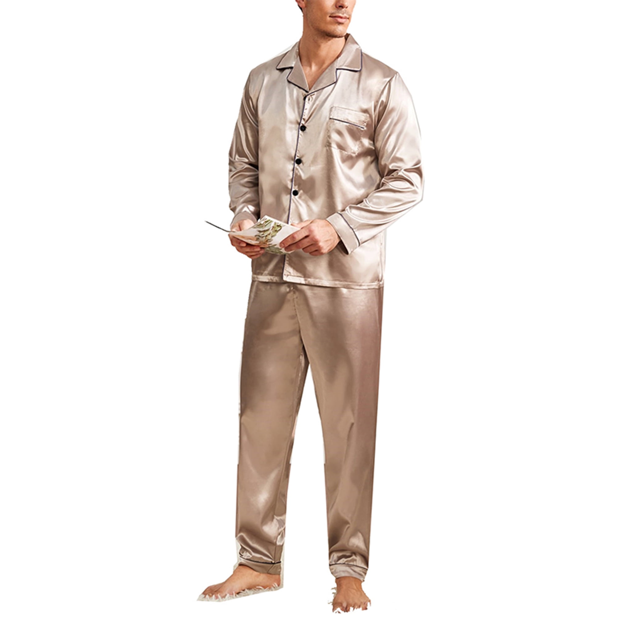 Fashnice Men Lounge Set Satin Silk Nightwear Long Sleeve Sleepwear Baggy Sleep Tracksuit Champagne M Walmart