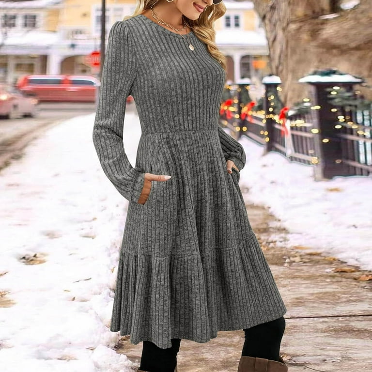 Elegant Dresses For Women Formal Women Fall Long Sleeve Knit Sweater Dress Casual Crewneck Knee Length Dresses With Pockets Cute