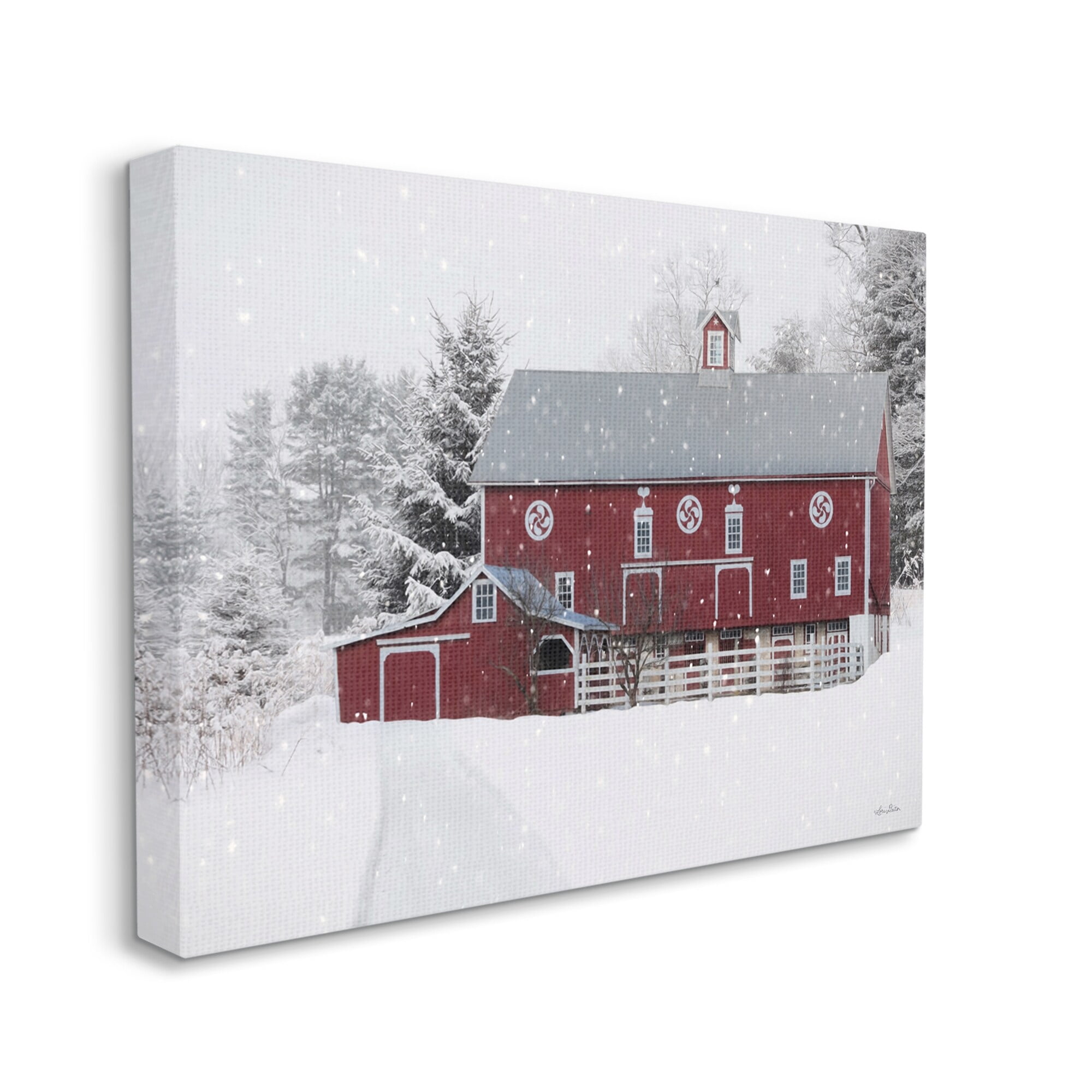 Snow Covered Farmland Red Barn Snowflakes Falling Landscape Painting Gallery-Wrapped Canvas Print Wall Art