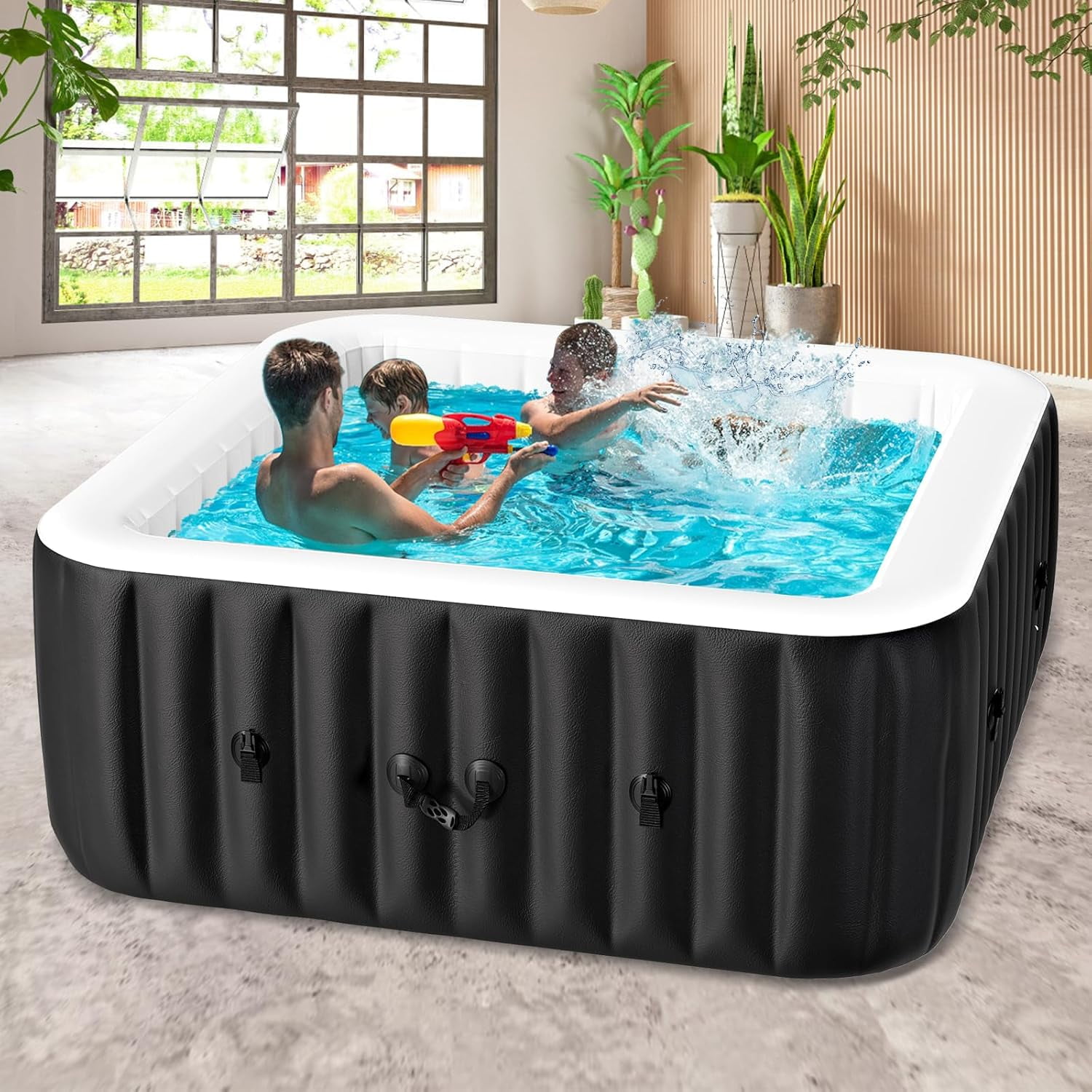 73" X 73" X 25" Inflatable Hot Tub for 4-6 Person Square, 240 Gallon Large Portable Hottub Spa with 130 Bubble Air Jets, Blow Up Spa Bathtub with LED Control Panel, 2 Filter, Temperature up to 104°F