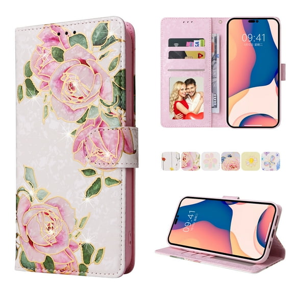 Nalacover Wallet Case for iPhone 15 Pro Max Wrist Strap Handbag Card Slots Holder Cover, Bling Flower Pattern PU Leather TPU Full Body Shockproof Kickstand Magnetic Clasp Case, Rosebud