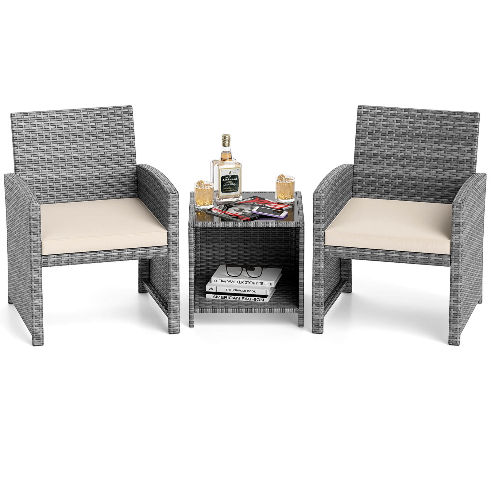 Costway 3 PCS Patio Furniture Set with Tempered Glass Coffee Table & Soft Seat Cushions White