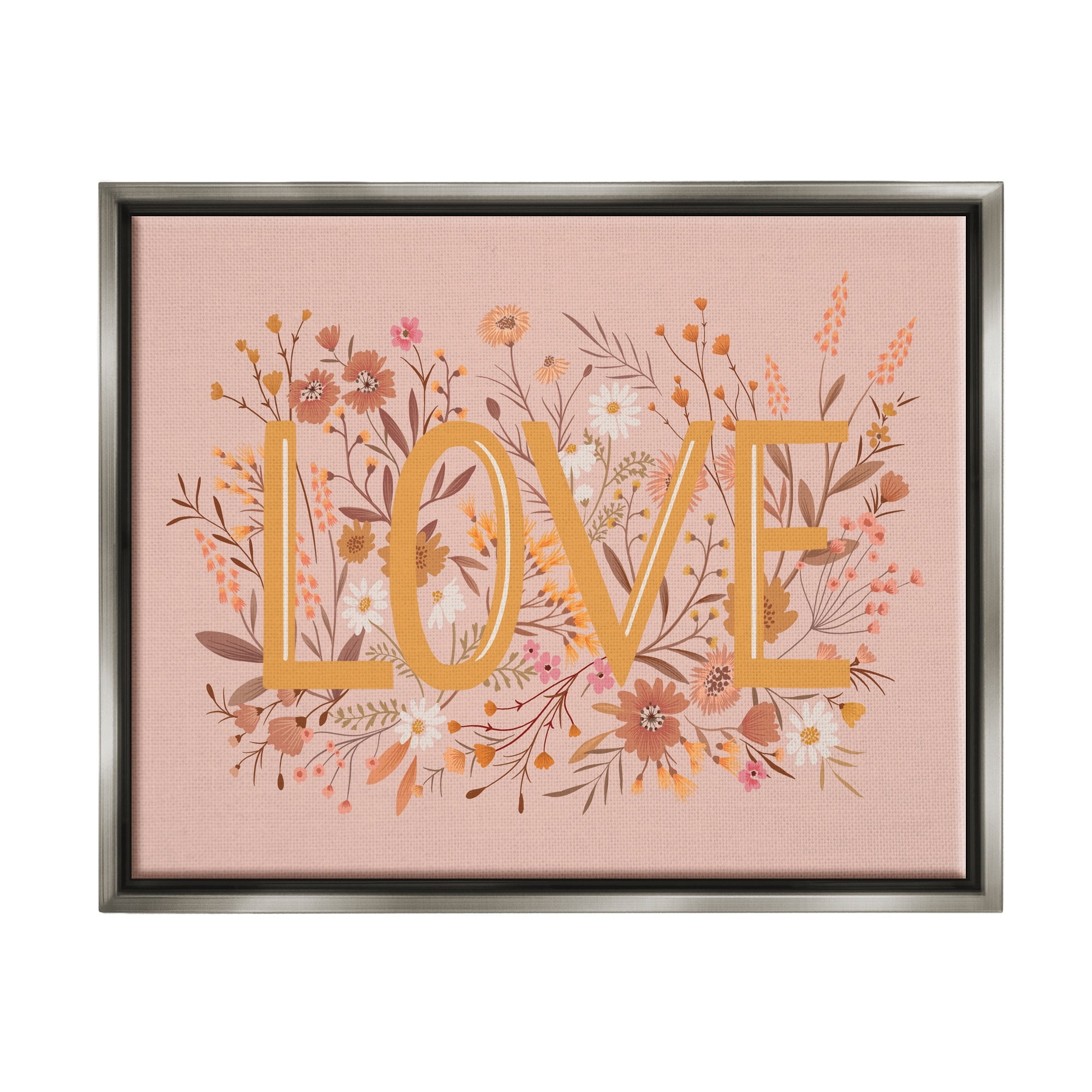 Stupell Industries Botanical Love Typography Delicate Floral Details Graphic Art Luster Gray Floating Framed Canvas Print Wall Art, Design by Heather McLaughlin