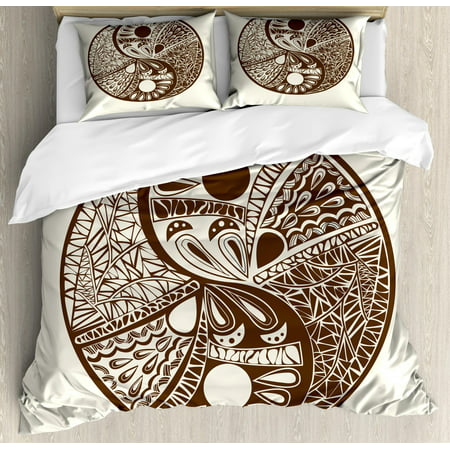 Yin Yang Duvet Cover Set Queen Size, Abstract Yin Yang Ornamented with Hand-Drawn Triangles and Drop Shapes, Decorative 3 Piece Bedding Set with 2 Pillow Shams, Chocolate Eggshell, by (Best Egg Drop Structure)