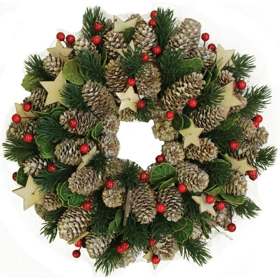 10" Decorative Pine Cone with Berries and Stars Christmas Wreath - Unlit