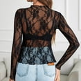 thumbnail image 3 of Womens Tshirt Mesh Long Sleeve Neck Sheer Blouse Floral Lace Women's Tops Black L, 3 of 6