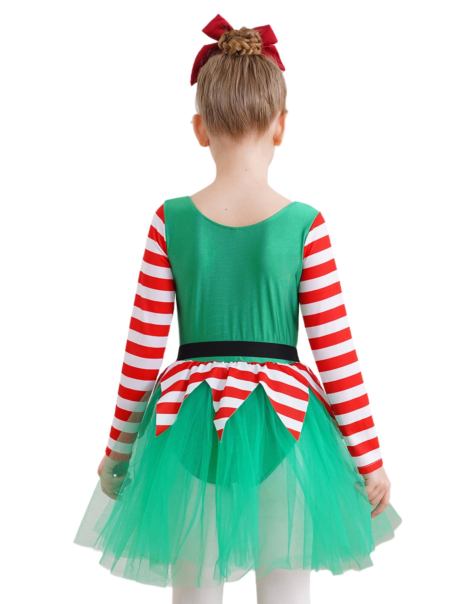 iEFiEL Kids Girls Christmas Elf Dress Long Sleeve Stripes Tutu Dance Dress Leotard Santa Little Helper Outfit Green 8