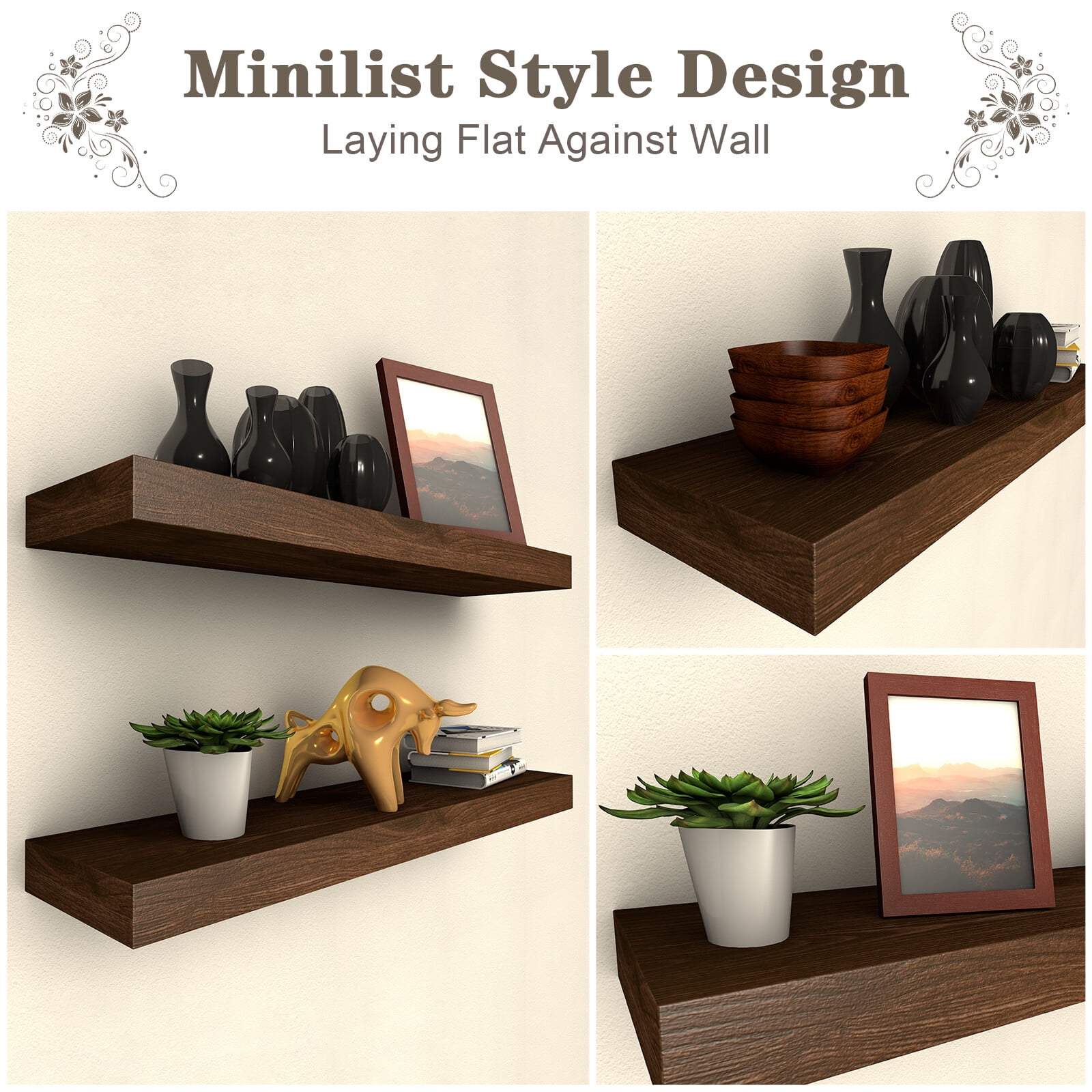 LINGJIA floating Wood Shelves Set of 2 - Rustic Shelf 24 inch - Wide Wooden Wall Shelves for Living Room Bedroom Kitchen Bathroom Farmhouse - Dark Walnut - 24" x 6.3"