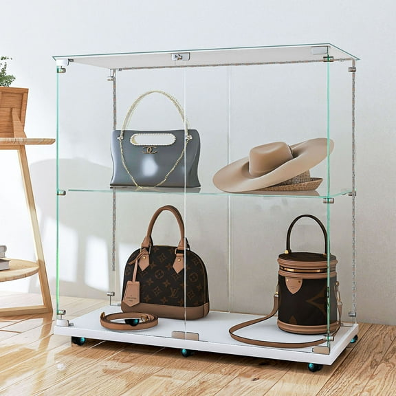 Stylish Tempered Glass Display Cabinet With Bluetooth LED Light Strip And Lockable Casters For Versatile Storage