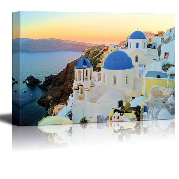 wall26 Canvas Print Wall Art View of The Blue Dome Churches of Santorini, Greece Cities Wilderness Photography Realism Chic Landscape Colorful Multicolor for Living Room, Bedroom, Office - 12"x1