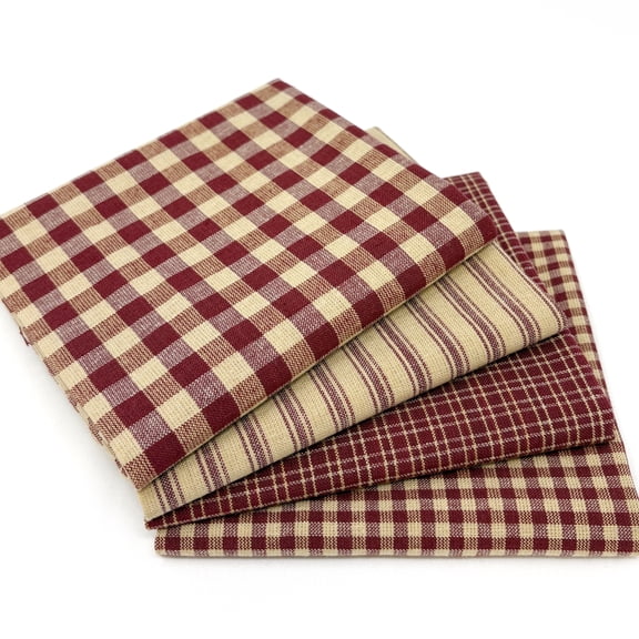 Primitive Red Assorted Plaid Gingham Homespun Cotton Fabric Bundle - Set of 4 Fat Quarters by JCS