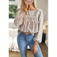 thumbnail image 3 of Ruffle Shoulder Crochet Detail Floral Print Blouse for Women Beige Small, 3 of 5