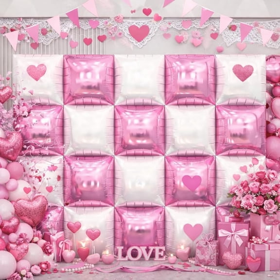 HILAVO Pink and White Square Balloon, 20 PCS Double Sided Foil Balloon Wall Flat