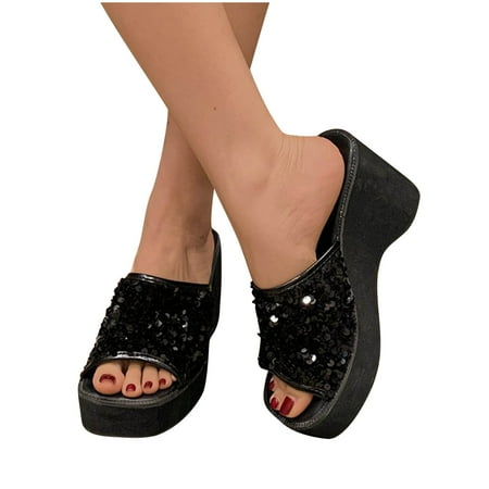 

Yoslce Sandals For Women Women S Sequined Slippers Wedge Heel Super High Shoes