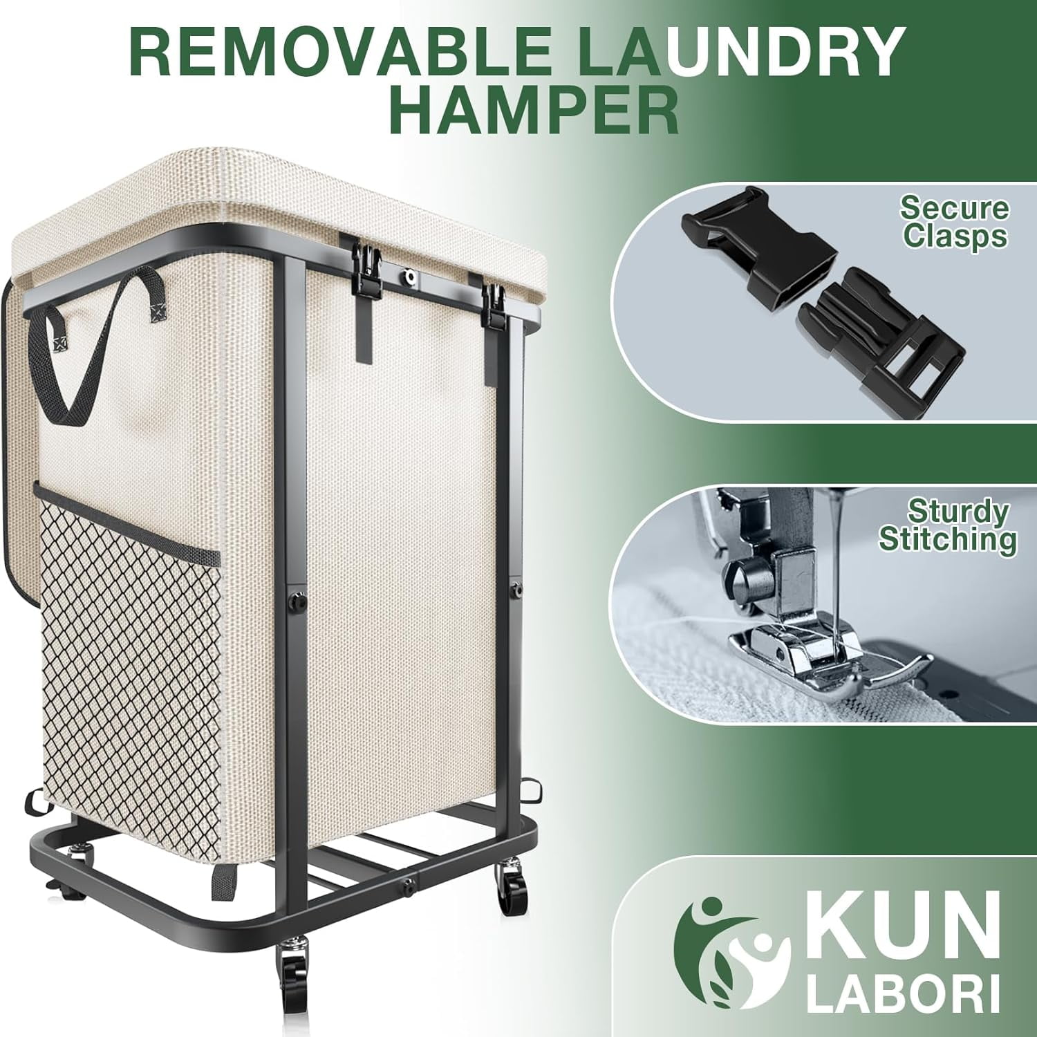 40 Gal(150L) High Grade Large Laundry Basket with Wheels, Rolling Laundry Hamper, Laundry Cart with Metal Frame and Removable Bag Design, Suitable for Laundry Room, Bedroom (White, 150L)