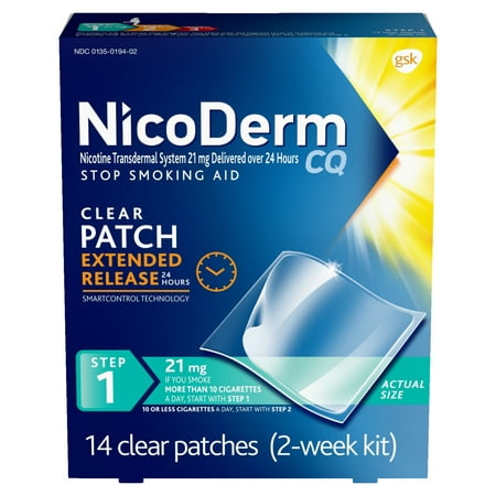 NicoDerm CQ Nicotine Patch, Clear, Step 1 to Quit Smoking, 21mg, 14