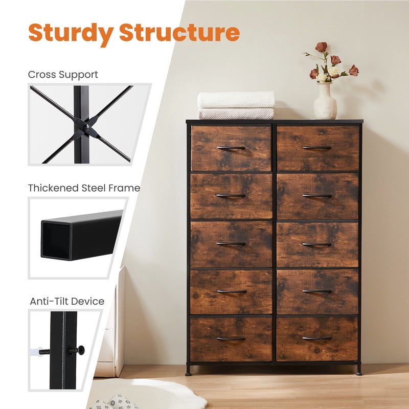 EDX 10-Drawers Dresser, Sturdy Fabric Organizer for Living Room, Hallway, Black-Brwon