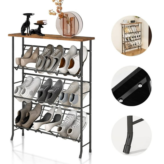 Luniquz 4-Tier Shoe Rack Organizer for Closet Entryway,Metal Iron Shoes Organizer with Wood Top ,Stackable Shoe Shelf for Doorway