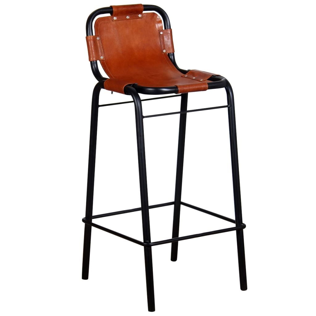 Kepooman 2 Pcs Modern Kitchen Genuine Leather Bar Stool Set with Low Back, Brown