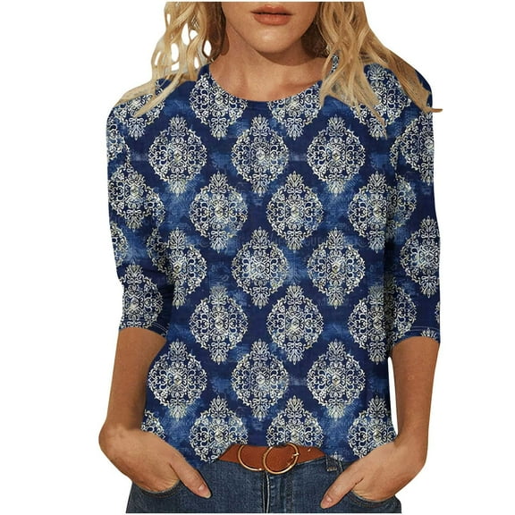 Cilsoka Long Sleeve Shirts for Women Cotton Blue Graphic Tops for Women 2025 Vintage Tees for Women Crop V Neck Tops for Women Fitted My Orders past Orders