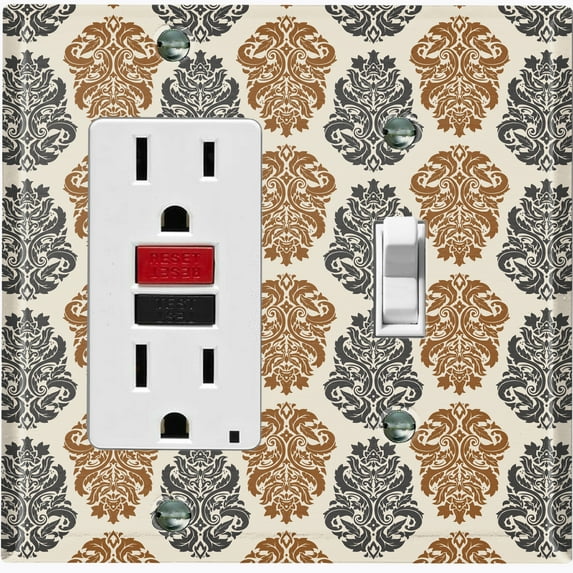 Metal Light Switch Plate Outlet Cover (Victorian Damask Flower Symbo Pattern - Single Rocker Single Toggle)