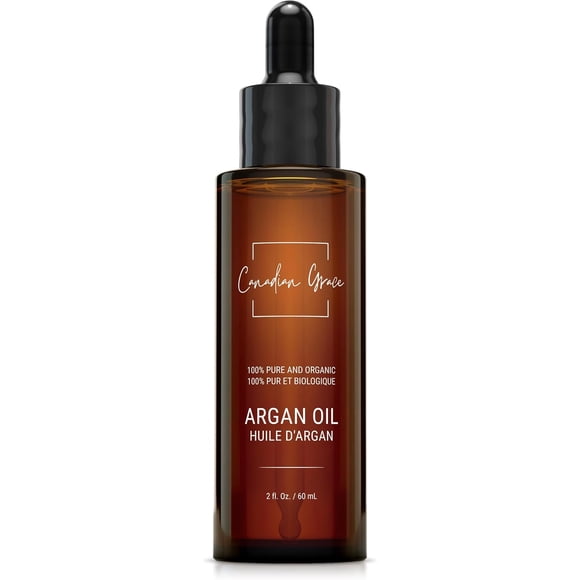 Canadian Grace Huile d'Argan Marocaine Biologique, Meilleurs Soins Cosmétiques pour une Peau Hydratée, des Cheveux Lisses et des Ongles en Santé, Huile Naturelle de Qualité Supérieure pour Tous les Types de Cheveux - 60 ml