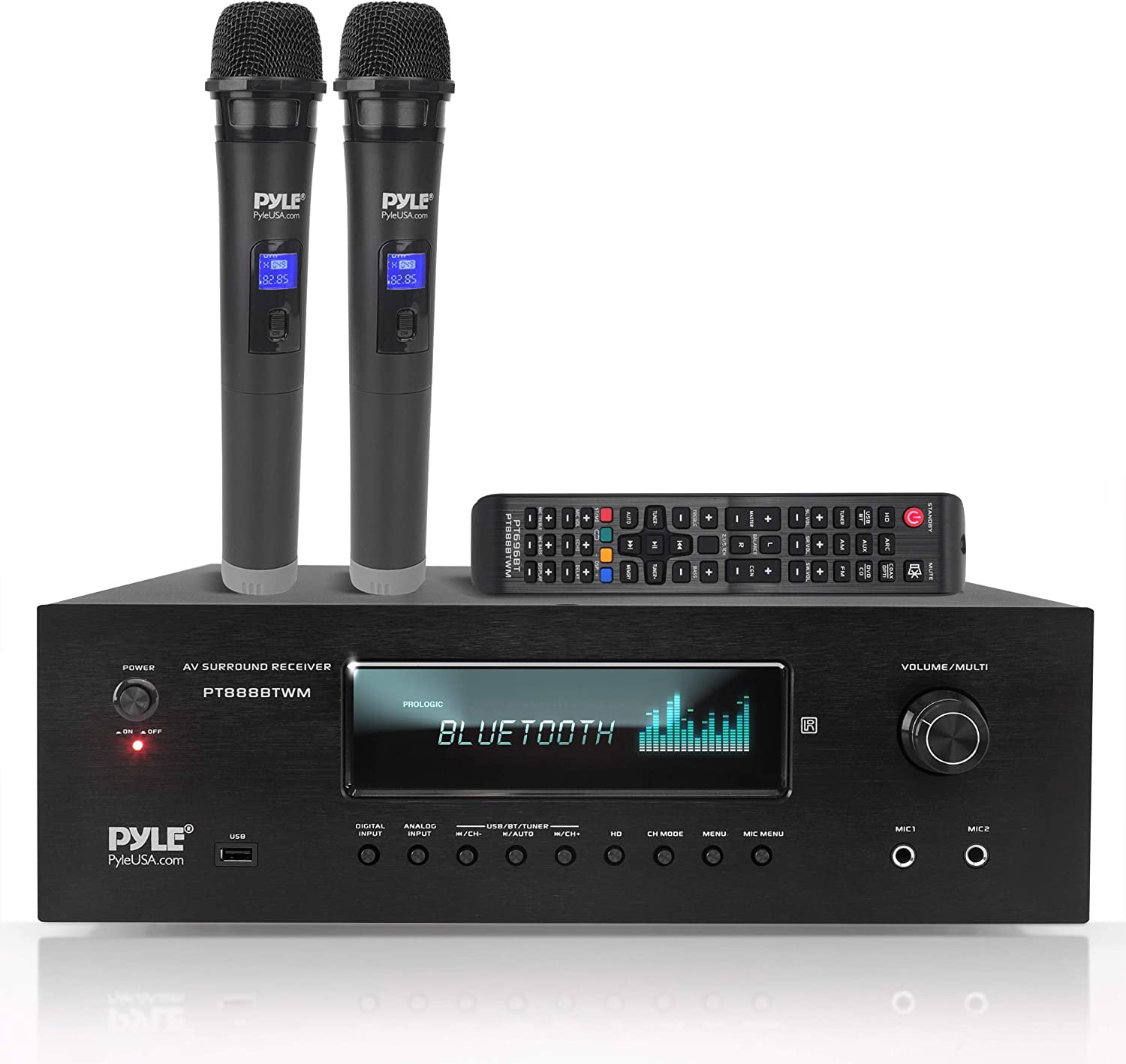 Pyle 1000W Bluetooth 5.2-Ch Stereo Amplifier Karaoke Receiver 2UHF Wireless Microphone