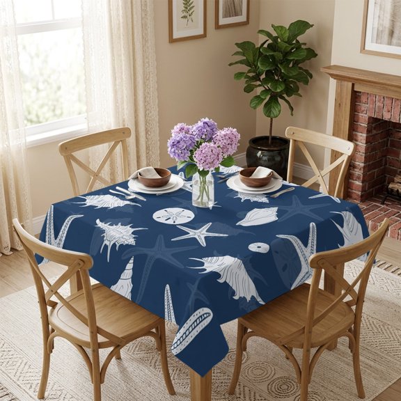 Nautical Coastal Square Tablecloth 54x54 Inch Modern Ocean Starfish Shells Navy Blue Waterproof Polyester Table Cover, Washable Stain Resistant Tablecloth for Dining Table Kitchen Wedding
