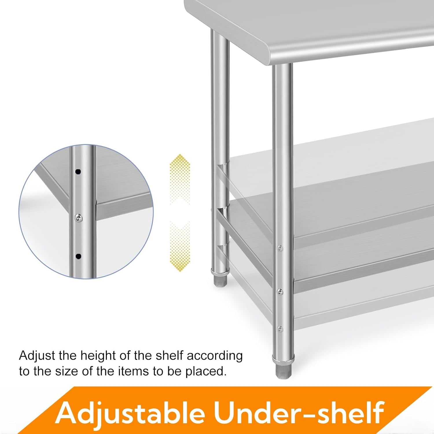OUTGOODS Stainless Steel Work Table, NSF Commercial Grade, Adjustable Shelf, Silver