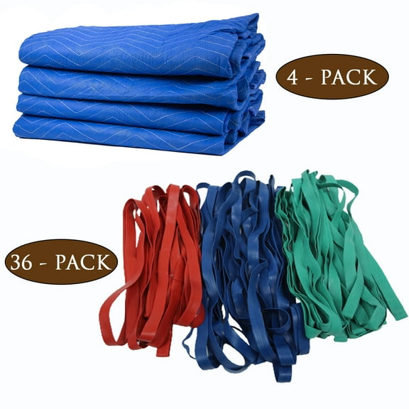 (4 Pack) 72" x 80" Economy Moving Blankets And (36 Pack) Variety Moving Rubber Bands 30", 36" and 42" Fully Stretch For Moving Packing Storage Cargo, Boxes Furniture