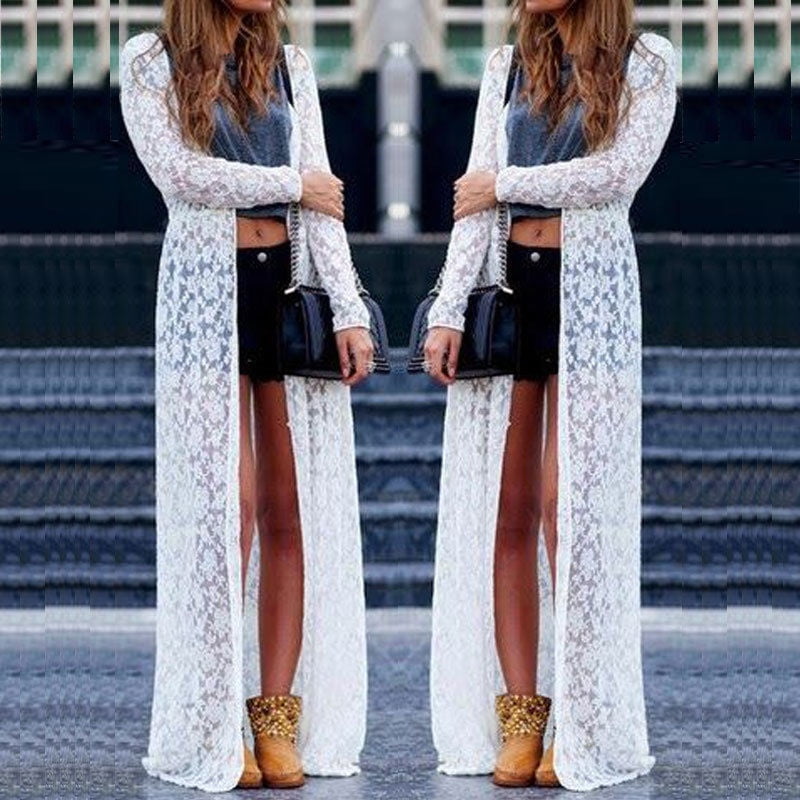 Ladies Long Sleeves Lace Front Open Women Full Length Crochet New Maxi Cardigan 