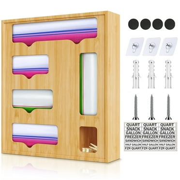 6 In 1 Bag Organizer for Drawer, Bamboo Baggie Organizer, No-Nail Wall Mounted Plastic Bag Organizer, Food Storage Bag Organizer for Gallon, Quart, Snack, Sandwich