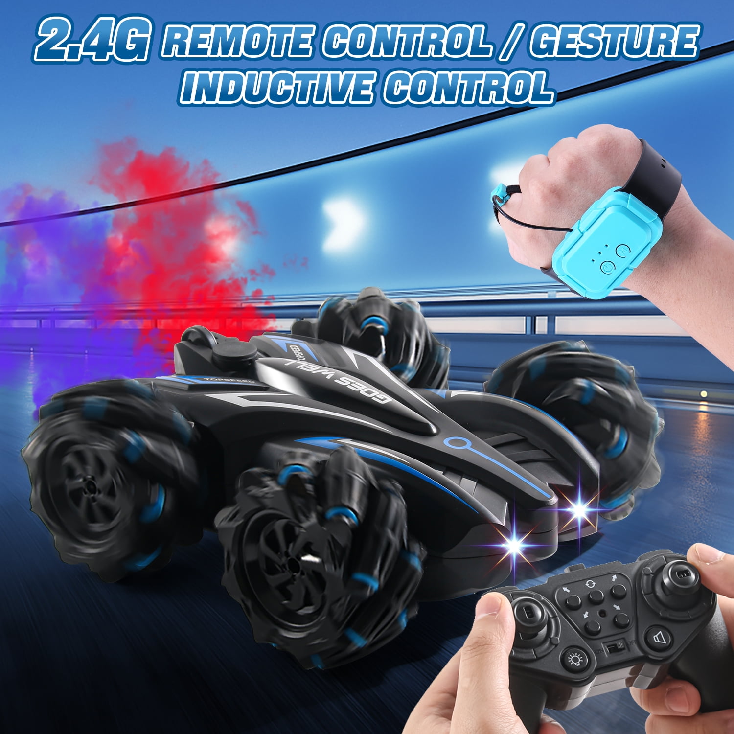 Quntis RC Stunt Car, 2.4GHz Hand Controlled Remote Car for boys 8-12, 360°Spins Gesture Sensing RC Stunt Car Double Sided with Spray Lights Music for Christmas Gift Birthday Party, Blue