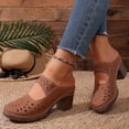 thumbnail image 4 of Women's Cut-Out Perforated Block Heel Mules, Closed Toe Scalloped Slide Sandals for Casual Wear Brown 6.5, 4 of 9