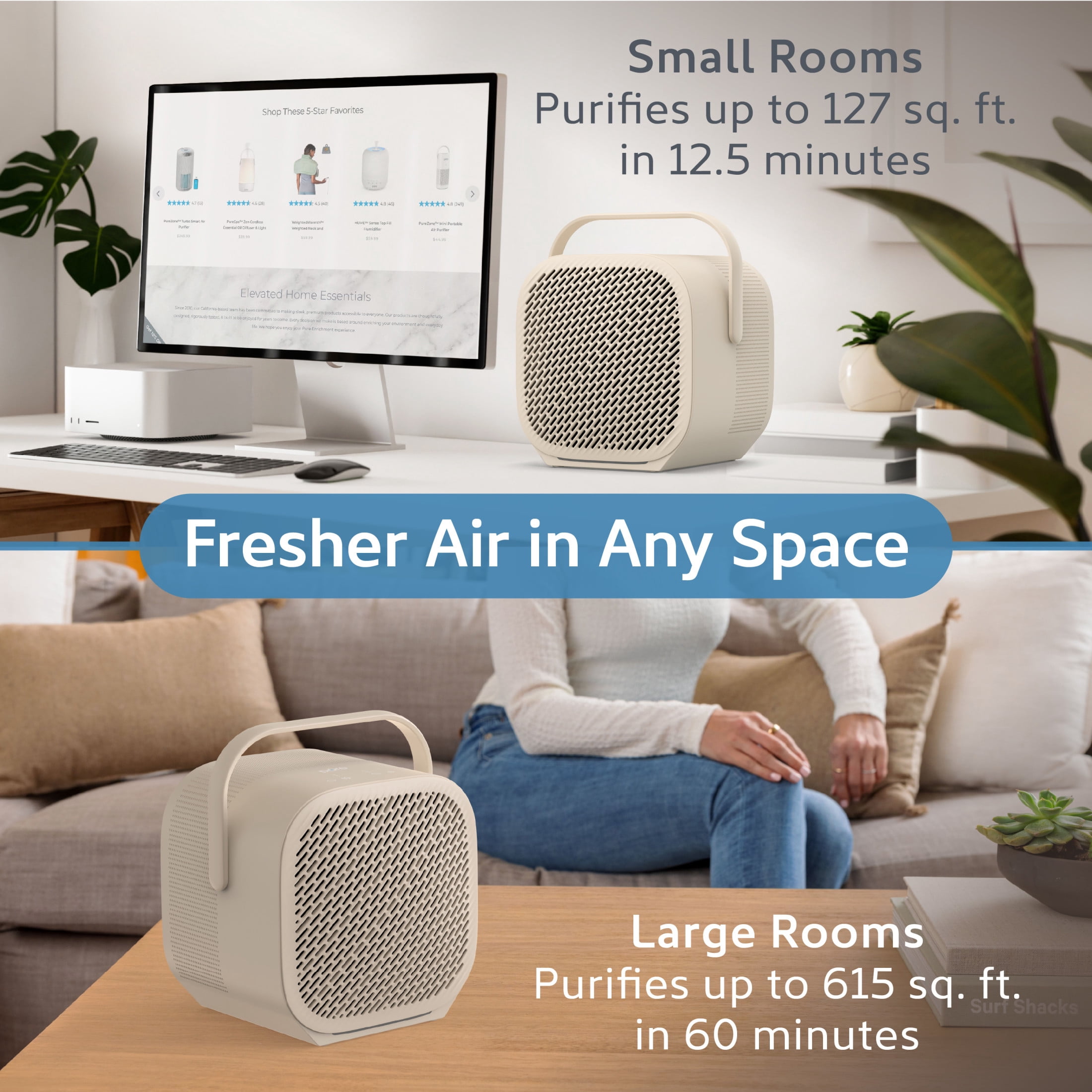 Pure Enrichment PureZone DUO Tabletop Air Purifier – True HEPA, Dual Direction Airflow, 3-Stage Filtration Captures Dust, Smoke, Odors - Large Rooms up to 615 sq. ft. (Sweet Oat)