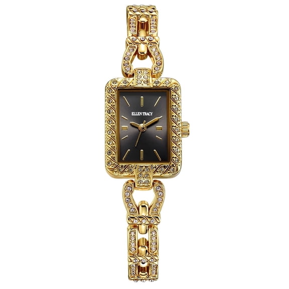 Ellen Tracy Women’s Rose Gold Bracelet Watch – Rectangular Black Sunray Dial with Crystals