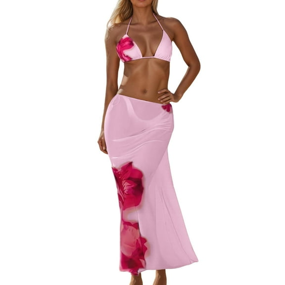 Women's Triangle Bikini Sets Floral 3 Piece Swimsuit Bathing Suit Cover Up Long Skirt