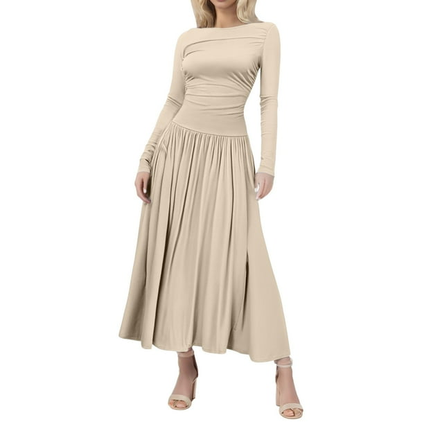 2025 Vestido largo de manga larga para mujer: vestido informal ajustado con cuello redondo, plisado y bolsillos, tejido elástico, adecuado para primavera/otoño, tallas S-XXL